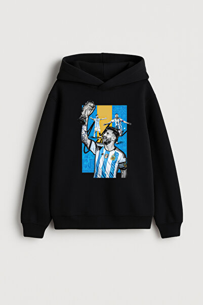 MODA Futbolcu Lionel Messi Baskılı Erkek Çocuk Siyah Kapüşonlu Sweatshirt Hoodie