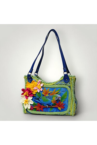 zelart Tığ İşi Örgü çiçek Detaylı Omuz Çantası, El Yapımı Özel Tasarım Çanta
