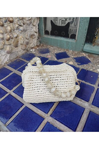 Home Beyaz taşlı örme çanta , Burslu çanta