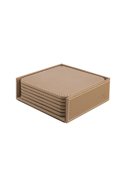 2K Coasters, Set of 6, Desktop Square Cup Coaster, Vegan Faux Leather, 11X11 Cm., Mink
