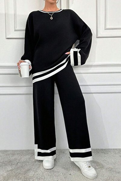 Cemre Life Women's Black and White Oversized Knitwear Set – Top & Wide Leg Pants