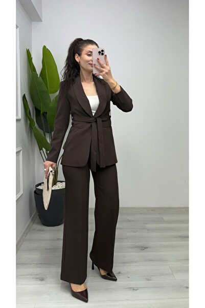 TUNAM BUTİK 1600 Belted Blazer Jacket Trousers Suit Brown