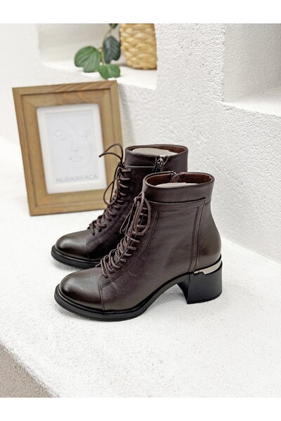 NUR KARACA 25K-215-R1234 Lace-Up Detail Genuine Leather 6cm Thick Heel Boots for Women