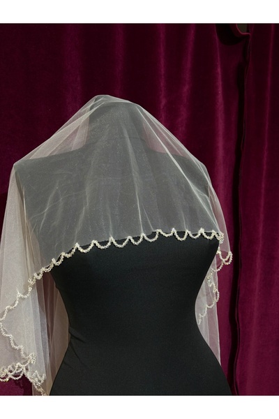 Tasarım Kristal İşlemeli Kırık Beyaz Nikah Düğün İçin Gelin Tül Duvak (150cm)