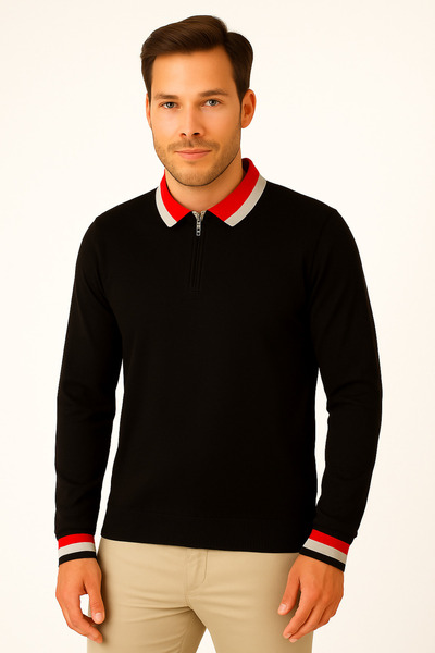 ModaPlaza Men's Polo Neck Zippered Sweater 8008