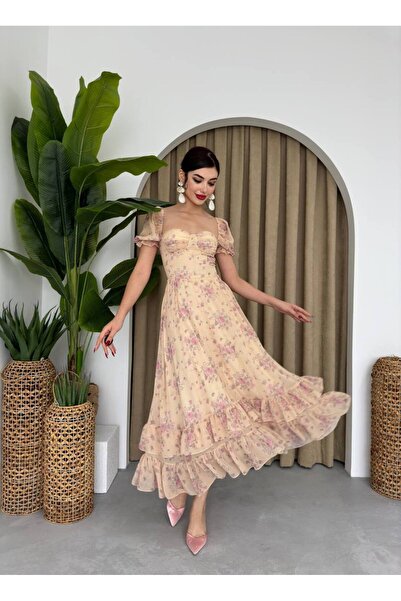 ETİKAFASHION Şifon Kumaş Djital Desen Baskılı Kalp Yaka Elbise