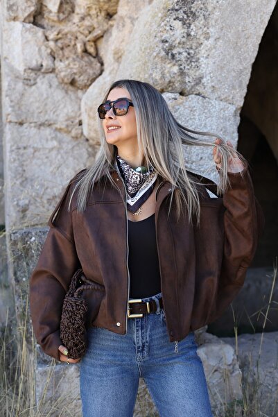 bytugcekaya Кафяво суедно бомбър яке с еполети на раменете