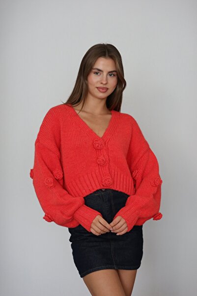 FEHUBLOOM Red Rose Detailed Balloon Sleeve Knitted Cardigan