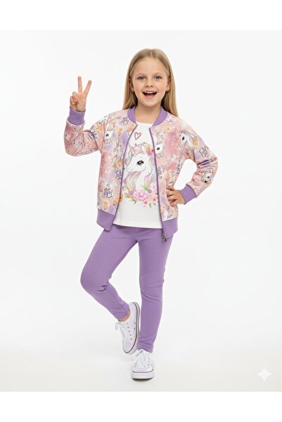 ARBİ kids Kız çocuk unicorn baskılı hırkalı üç parça takım