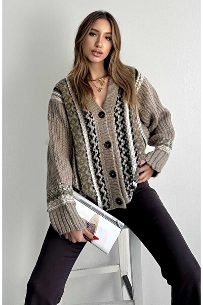 yeditepe fashion Jacquard Pattern Oversize Trend Knitwear Cardigan