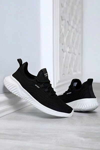 SİHİRLİ AYAKKABI +7 CM Boy Uzatan Gizli Topuk Siyah Beyaz Triko Spor Ayakkabı