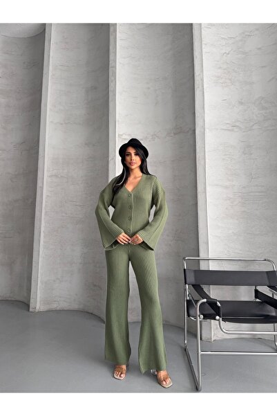 Lovely butik Women's Buttoned Front Ribbed V-Neck Cardigan Pants Set