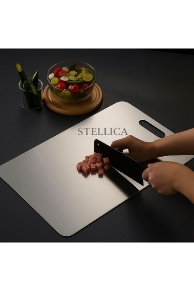 pınars Stellica Premium Series Stainless Steel Metal Cutting Chopping Board 34X23Cm, with Adhesive Silicone Gift