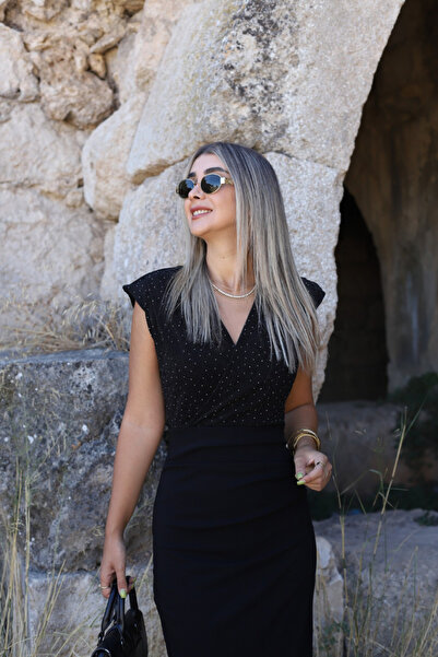 bytugcekaya Siyah Simli Sıfır Kol Kruvaze Elbise