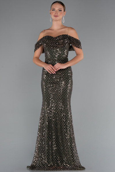 Abiyefon Haki Kayık Yaka Taşlı Uzun Balık Abiye Elbise ABU5239