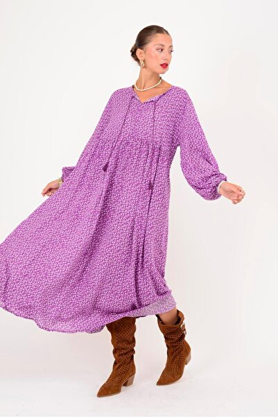 Park Moda An10494 Tassel Detailed Crisp Floral Pattern Dress