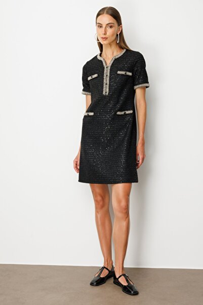 Ekol Boncuk İşlemeli Tüvit Elbise 4003-26k Siyah
