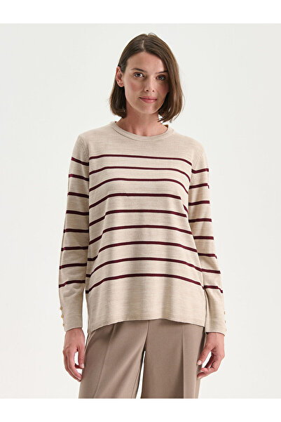 LC Waikiki Pulover de damă cu dungi Burgundy guler rotund