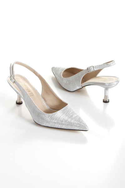 Miss Mitto Women's Silver 5 cm Thin Galvanized Heels Comfortable Stiletto and Bag Combination