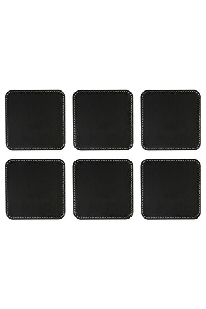 2K Coasters, Set of 6, Desktop Square Cup Coaster, Vegan Faux Leather, 11X11 Cm., Black