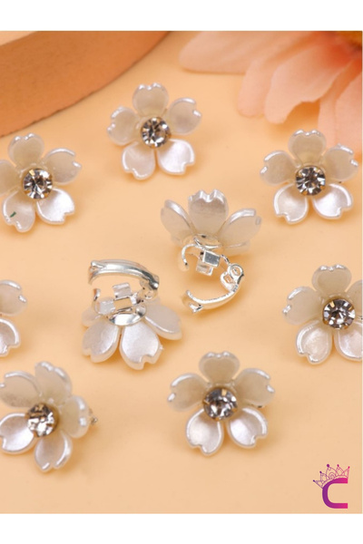 Cinderella 10-Piece White Floral Stone Snap Clip Knitted Hair Ornament - Teenage Girls' Decorative Hair Clip Earrings Metal