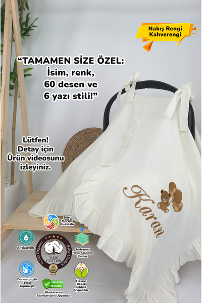 gros shop Müslin Yeni Doğan 4Katlı Organik %100Pamuk Kişiye Özgü Nakışlı Hast...