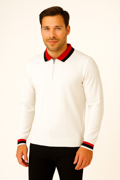 ModaPlaza Men's Polo Neck Zippered Sweater 8008