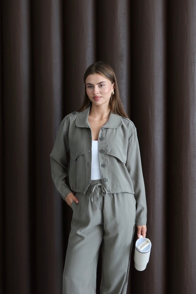 FEHUBLOOM Women's Green Pants and Jacket Set with Elastic Detail at the Legs and Waist