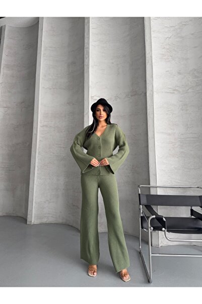 Lovely butik Women's Buttoned Front Ribbed V-Neck Cardigan Pants Set