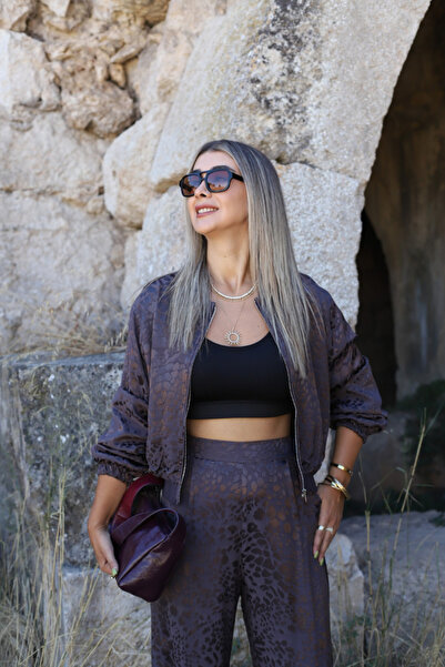 bytugcekaya Coffee Satin Leopard Jacket Pants Set