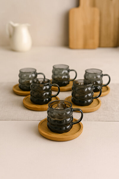 CHANCE GİFT 12 Piece Glass Grape Model Coffee Side Cup Espresso Cup Set with Wooden Base and Elegant Handle (90 ml)