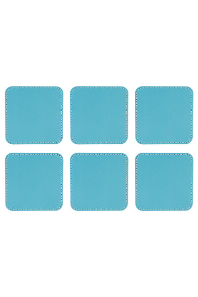 2K Coasters, Set of 6, Desktop Square Cup Coaster, Vegan Faux Leather, 11X11 Cm., Turquoise