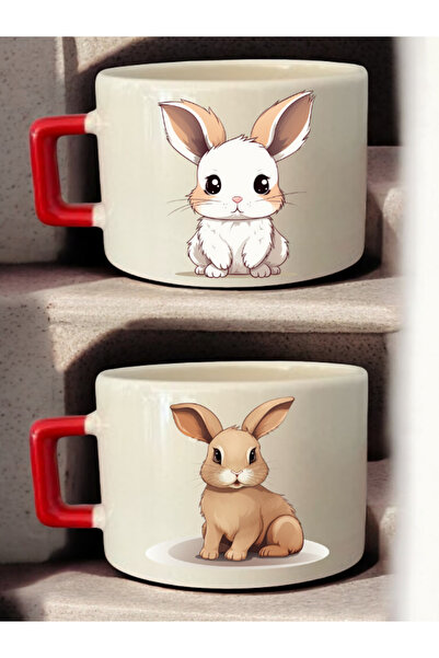 lili hediyelik طقم فناجين قهوة سيراميك مكون من قطعتين مع طباعة أرنب لطيف - فن...
