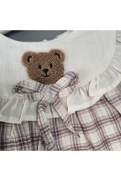Renata's Kız bebek %100 pamuklu organik ekoseli sevimli ayı işlemeli elbise