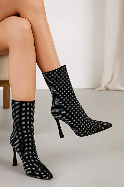 Miss Mitto Dámské černé stylové stříbrné pohodlné boty na tenkém podpatku s kamínky