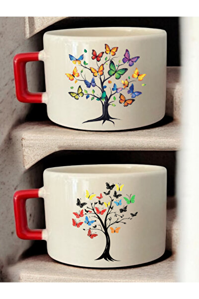 lili hediyelik طقم من كوبين للقهوة مطبوع عليه فراشة على شكل شجرة - أكواب سيرا...
