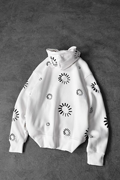 Slatra Men's White Geometric Embossed Print Oversize Hooded Sweatshirt