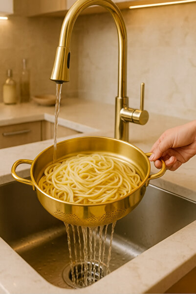 Davet Paslanmaz Çelik Gold Kulplu Tencere Süzek Süzgeç - Gold Süzgeç 25 Cm