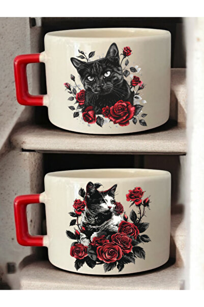 lili hediyelik Cat Red Flower Printed 2-Piece Coffee Cup Ceramic Mug - Cerami...