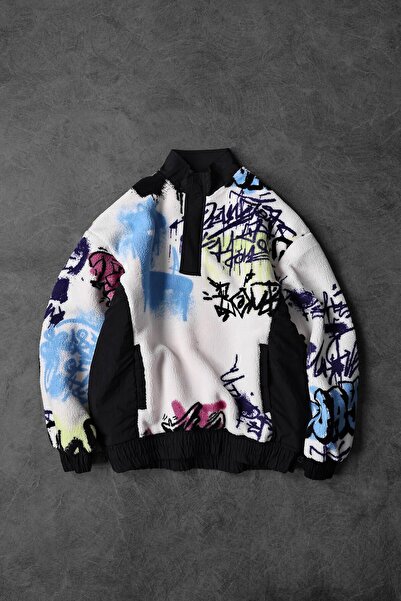 Slatra Ανδρικό φούτερ με μισό φερμουάρ με στάμπα γκράφιτι, βελούδινο, oversize