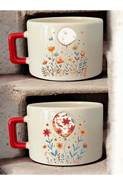 lili hediyelik كوب قهوة سيراميك مطبوع عليه رسم زهور بالون - كوب سيراميك للشاي...