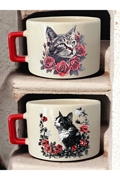 lili hediyelik Flower Cat Illustration Printed 2-Piece Coffee Cup Ceramic Mug...