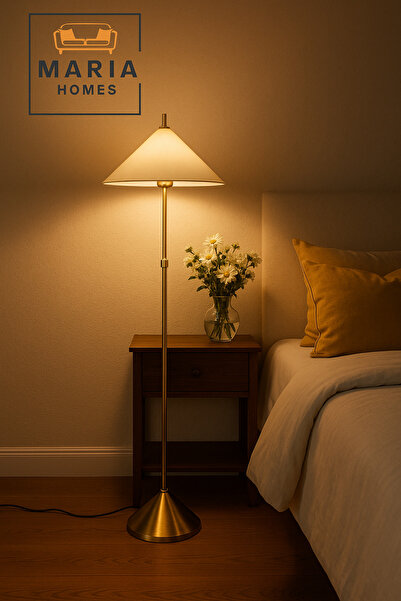 MARIA HOMES Modern Brass Floor Lamp with White Conical Shade – Minimalist Standing Light
