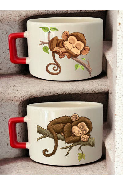 lili hediyelik طقم من كوبين للقهوة مطبوع عليه قرد على شجرة - أكواب سيراميك لل...