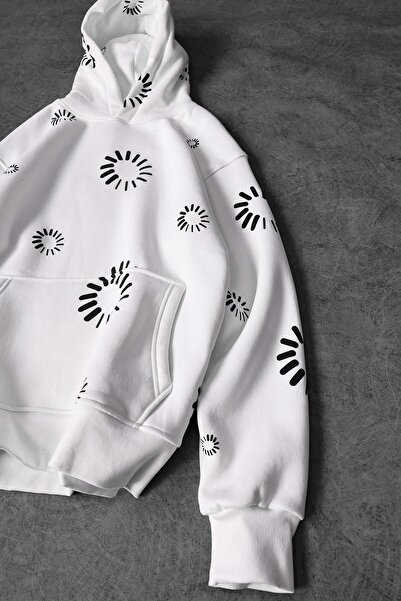 Slatra Men's White Geometric Embossed Print Oversize Hooded Sweatshirt