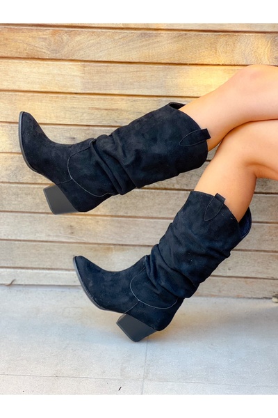 BERFONA حذاء دالاس ذو كعب عالي 6 سم من جلد الغزال الأسود تيري