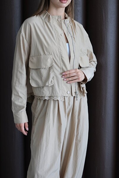 FEHUBLOOM Women's Beige Ribbed Detailed Jacket and Pants Set