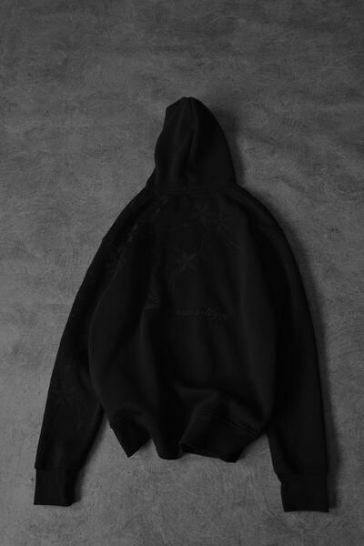 Slatra Erkek Siyah Palm Nakışlı Oversize Kapüşonlu Sweatshirt
