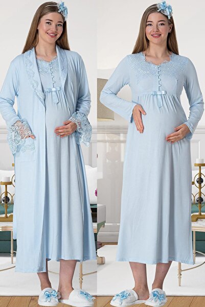 Lohusa Homewear Women's Blue Special Design Maternity Nightgown Set of 2