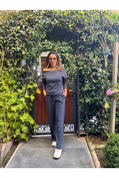 Rozella Butik Sports Suit Off-Shoulder Anthracite and Black Color